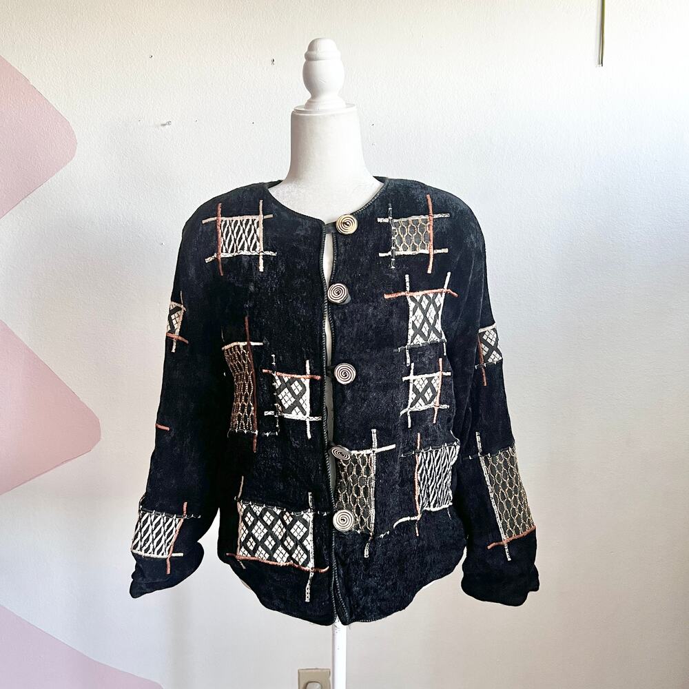 Vintage‎ Julia Kim Black Patchwork Jacket Boho Artsy Art To Wear Retro Medium